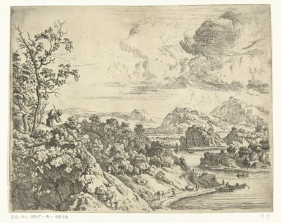 Flusslandschaft mit Mann mit Paket auf dem Rücken von Jan van Aken