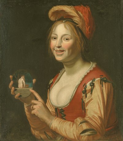 Lachendes Mädchen zeigt ein kleines Bild einer nackten Frau von hinten von Jan van Bijlert