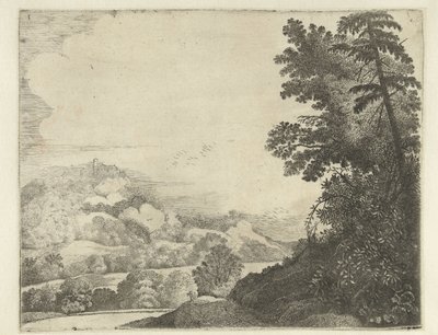 Landschaft mit Schaf auf Hügel und Bäumen von Jan van Brosterhuyzen