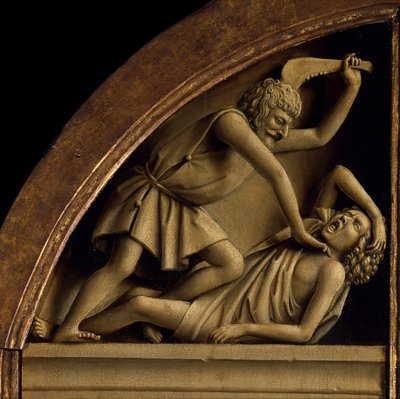 Der Genter Altar. Anbetung des mystischen Lammes: Kain tötet Abel von Jan van Eyck