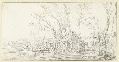 Landschaft mit krummen kahlen Bäumen vor Bauernhöfen von Jan van Goyen