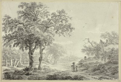 Mann und Junge gehen die Dorfstraße entlang von Jan van Goyen