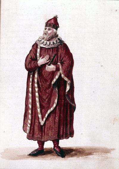 Ein Doge im 11. Jahrhundert. Aquarellzeichnung und Tinte aus dem Manuskript „Sitten der Venezianer“ von Jan van Grevenbroeck (oder Giovanni Grevembroch) (1731-1807) von Jan van Grevenbroeck