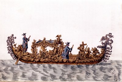 Eine königliche Gondel. Aquarellzeichnung und Tinte aus dem Manuskript „Sitten der Venezianer“ von Jan van Grevenbroeck (oder Giovanni Grevembroch) (1731-1807) von Jan van Grevenbroeck