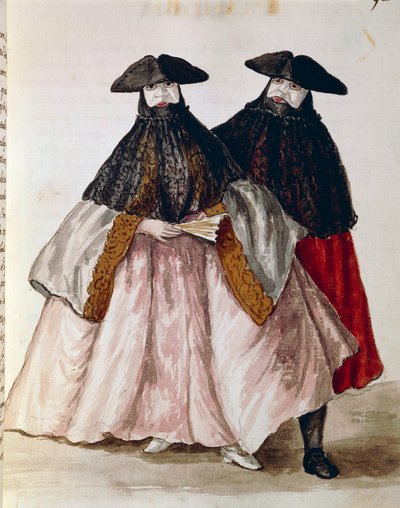 Karnevalsfiguren in Venedig, Illustration aus dem illustrierten Buch der venezianischen Kostüme, von Jan Grevenbroeck, Aquarell, Italien von Jan van Grevenbroeck
