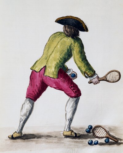 Mann spielt mit Schläger und Bällen, aus dem illustrierten Buch der venezianischen Kostüme, Italien von Jan van Grevenbroeck