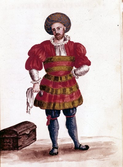 Händler von Venedig im 15. Jahrhundert. Aquarellzeichnung und Tinte aus dem Manuskript „Sitten der Venezianer“ von Jan van Grevenbroeck (oder Giovanni Grevembroch (Grevenbroch) (1731-1807) von Jan van Grevenbroeck