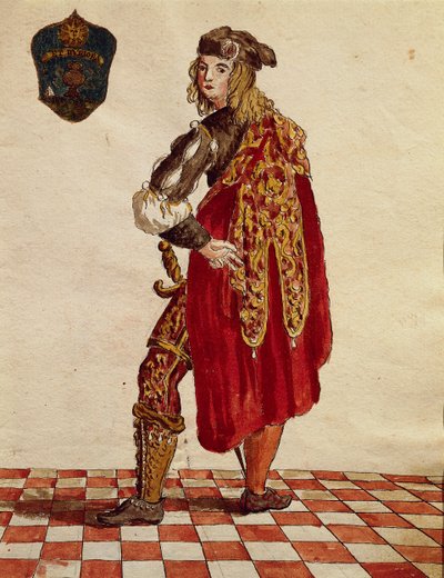 Ritteranzug der Bruderschaft de la Calza (Stocking) im Jahr 1564, aus Gli Abiti de Veneziani, illustriertes Kostümbuch von Jan van Grevenbroeck