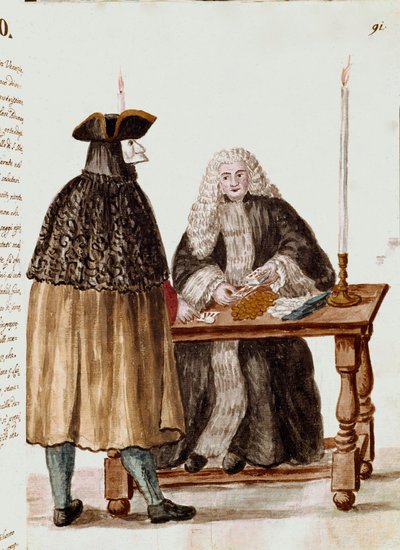 Das Spielzimmer: Eine Figur maskiert sich vor dem Dealer, der Karten zieht, Münzen werden auf dem Tisch gesammelt. Aquarellzeichnung und Tinte aus einem Manuskript von Jan van Grevenbroeck (oder Giovanni Grevembroch) (1731-1807) von Jan van Grevenbroeck