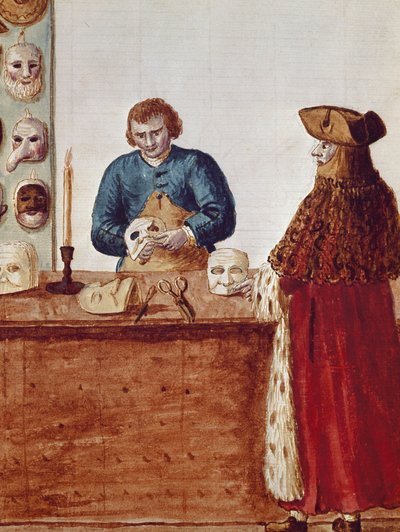 Der Maskenladen des Karnevals von Venedig: Eine maskierte Figur holt eine Maske vom Handwerker ab. Aquarellzeichnung und Tinte aus einem Manuskript von Jan van Grevenbroeck (oder Giovanni Grevembroch) (1731-1807) von Jan van Grevenbroeck