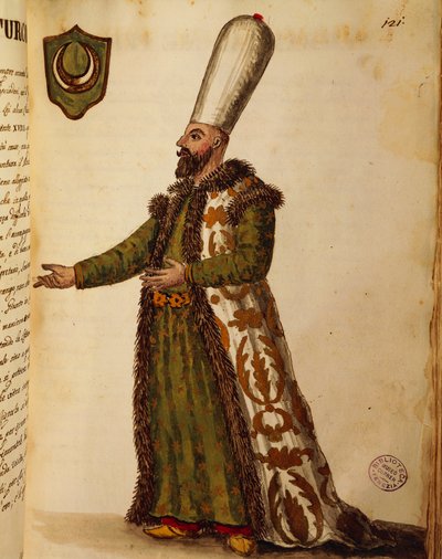 Türkischer Botschafter in Venedig, kolorierte Gravur aus Gli abiti de veneziani (Kostüme der Venezianer), Band II, Tafel 121 von Jan van Grevenbroeck