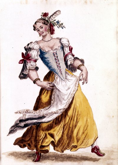 Venezianischer Tanz. Aquarellzeichnung und Tinte aus dem Manuskript „Sitten der Venezianer“ von Jan van Grevenbroeck (oder Giovanni Grevembroch) (1731-1807) von Jan van Grevenbroeck