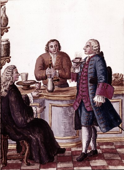 Venezianische Adlige beim Kaffee, einer genießt eine Schokolade. Aquarellzeichnung und Tinte aus dem Manuskript „Sitten der Venezianer“ von Jan van Grevenbroeck (oder Giovanni Grevembroch) von Jan van Grevenbroeck