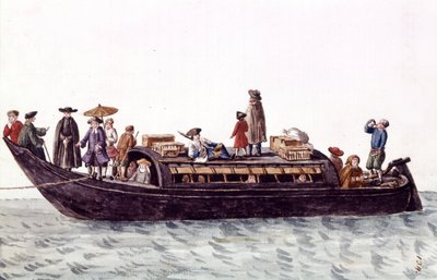 Venezianische Lagune, Boot für den Transport von Menschen und Gütern. Aquarellzeichnung und Tinte aus dem Manuskript „Bräuche der Venezianer“ von Jan van Grevenbroeck (oder Giovanni Grevembroch) (1731-1807) von Jan van Grevenbroeck