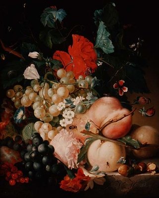 Gemischte Blumen und Früchte mit Insekten auf einem Marmorsockel von Jan van Huysum