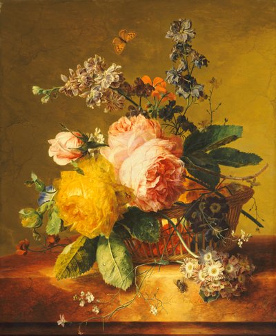 Rosen und andere Blumen in einem Korb auf einem Marmorsims, ca. 1742 von Jan van Huysum