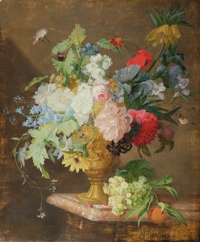 Stillleben mit Blumen in einer goldenen Vase auf einem Marmorsims von Jan van Huysum