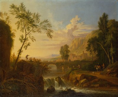 Waldlandschaft mit einem Bauernpaar an einem Grab und Fischern an einem Wasserfall von Jan van Huysums