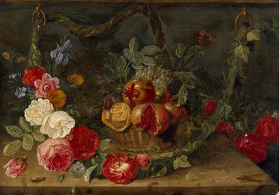 Dekorative Stilllebenkomposition mit einem Korb voller Früchte, Mitte 17. Jahrhundert von Jan van Kessel