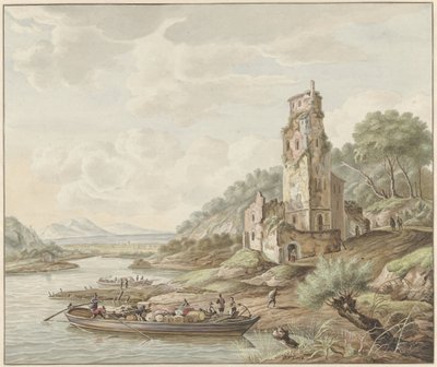 Landschaft mit Boot mit Waren bei einer Burg von Jan van Lockhorst