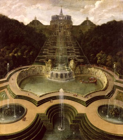 Blick auf das Oktogon über die Wasserfälle und die Neptunbecken, nach 1716 von Jan van Nickelen