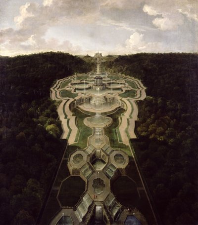 Blick über die Große Plaza mit Tempel zu Beginn des zweiten Drittels der Wasserfälle zum Oktogon, nach 1716 von Jan van Nickelen