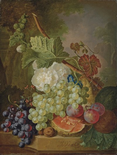 Blumen, Trauben, Pflaumen, Walnüsse und eine Melone auf einem Steinsims von Jan van Os