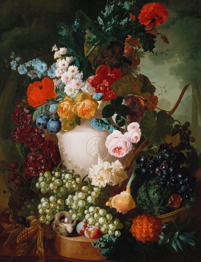 Rosen, Mohnblumen und andere Blumen in einer skulptierten Vase mit Früchten, einer Maus und einem Vogelnest auf einem Steinsims von Jan van Os