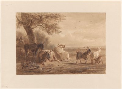 Vieh unter einem Baum und ein Mann mit einem Korb von Jan van Ravenswaay