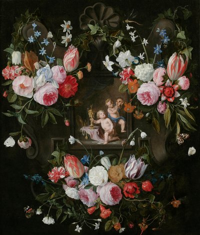 Ein Kartuschen-Stillleben von Blumen um ein allegorisches Bild von Putti mit kostbaren Objekten und einer Maske, 1648 von Jan van and Balen, Hendrik van Kessel