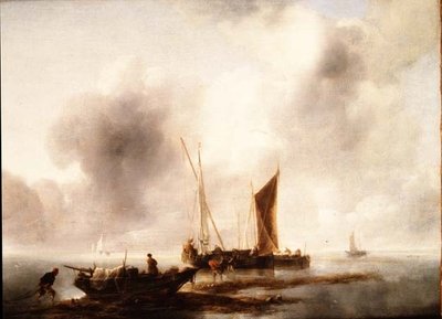 Fischer entladen ihren Fang in ruhigem Wasser von Jan van de Capelle or Cappelle