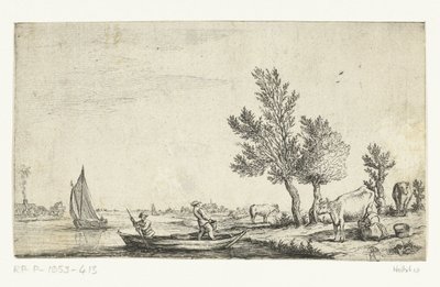 Flusslandschaft mit zwei Männern in einem Ruderboot von Jan van de Cappelle (attributed to)