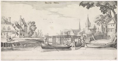 Boote bei einem Steg in einem Dorf (Playsante lantschappen ende vermakelycke gesichten) von Jan van de Velde (II)