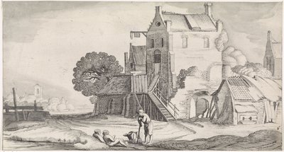 Drei Figuren im Gespräch bei einem Gasthaus (Playsante lantschappen ende vermakelycke gesichten) von Jan van de Velde (II)