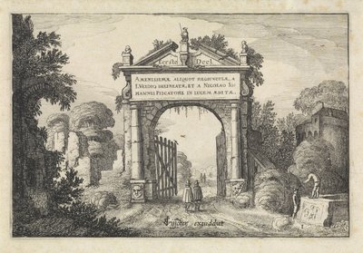 Figuren bei einem Tor in einer Landschaft von Jan van de Velde (II)