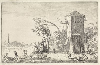 Figuren in einem Winterlandschaft mit einem Turm von Jan van de Velde (II)
