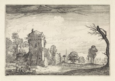 Jäger mit Hunden bei einem Turm in einer Landschaft von Jan van de Velde (II)