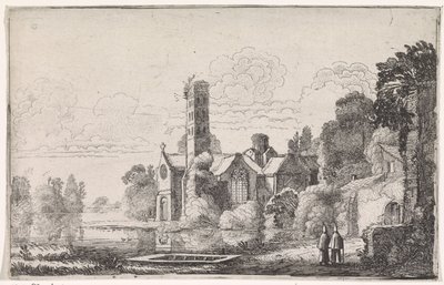 Zwei Mönche bei einer Abtei in einer Flusslandschaft von Jan van de Velde (II)