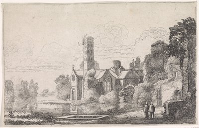 Zwei Mönche bei einer Abtei in einer Flusslandschaft von Jan van de Velde (II)