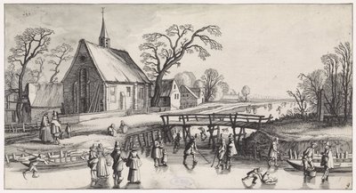 Winterlandschaft mit Schlittschuhläufern bei einem Dorf von Jan van de Velde (II)