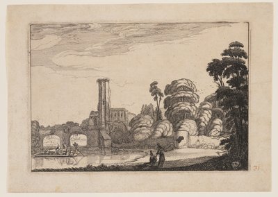 Fähre vor einer Steinbrücke von Jan van de Velde II