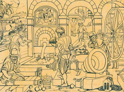 Kanonengießerei, Zeichnung aus Nova Reperta von Jan van der (1523 1605) Straet