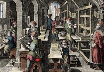 Druckerei, ca. 1600 - Holland, Druck: links verwenden die Charaktere Zeichen, die verschiedenen Stadien der Druckvorbereitung unter der Aufsicht eines Meisterdruckers - Gravur aus „Nova Reperta“ von Giovanni Stradano von Jan van der Straet