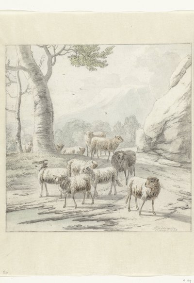 Landschaft mit einer Schafherde nahe einem Baum von Jan van der Meer (II)