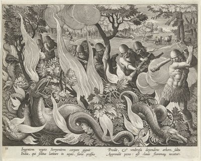Schlangenfangen in Indien mit Keulen und Fackeln zur Beleuchtung des Unterholzes, veröffentlicht 1640 (Gravur) von Jan van der Straet