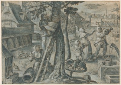 Das Einfangen eines Bienenschwarms auf einem Bauernhof von Jan van der Straet