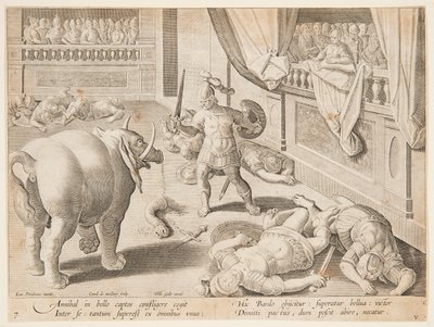 Ein römischer Soldat kämpft gegen einen von Hannibals Elefanten, Tafel 7 in der Serie Venationes Ferarum, Avium, Piscium von Jan van der Straet, called Stradanus