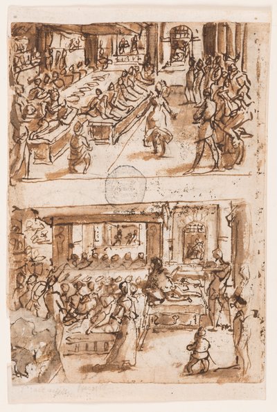 Tanz der Salome; Daniels Deutung des zweiten Traums von König Nebukadnezar, Vorentwurf für "Spiritus Consilii" (Der Geist des Rates), Platte 3 in der Druckserie "Die sieben Gaben des Heiligen Geistes" von Jan van der Straet, called Stradanus