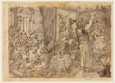Entdeckung von Guajakum als Heilmittel gegen Geschlechtskrankheiten, Entwurf für "Hyacum et lues venerea," Platte 6 in der Nova Reperta (Neue Erfindungen der Neuzeit) Druckserie von Jan van der Straet, called Stradanus