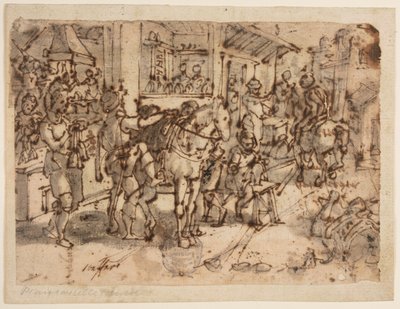 Erfindung des Steigbügels, Entwurf für "Staphae, sive stapedes," pl. 9 in der Nova Reperta (Neue Erfindungen der Neuzeit) Druckserie von Jan van der Straet, called Stradanus